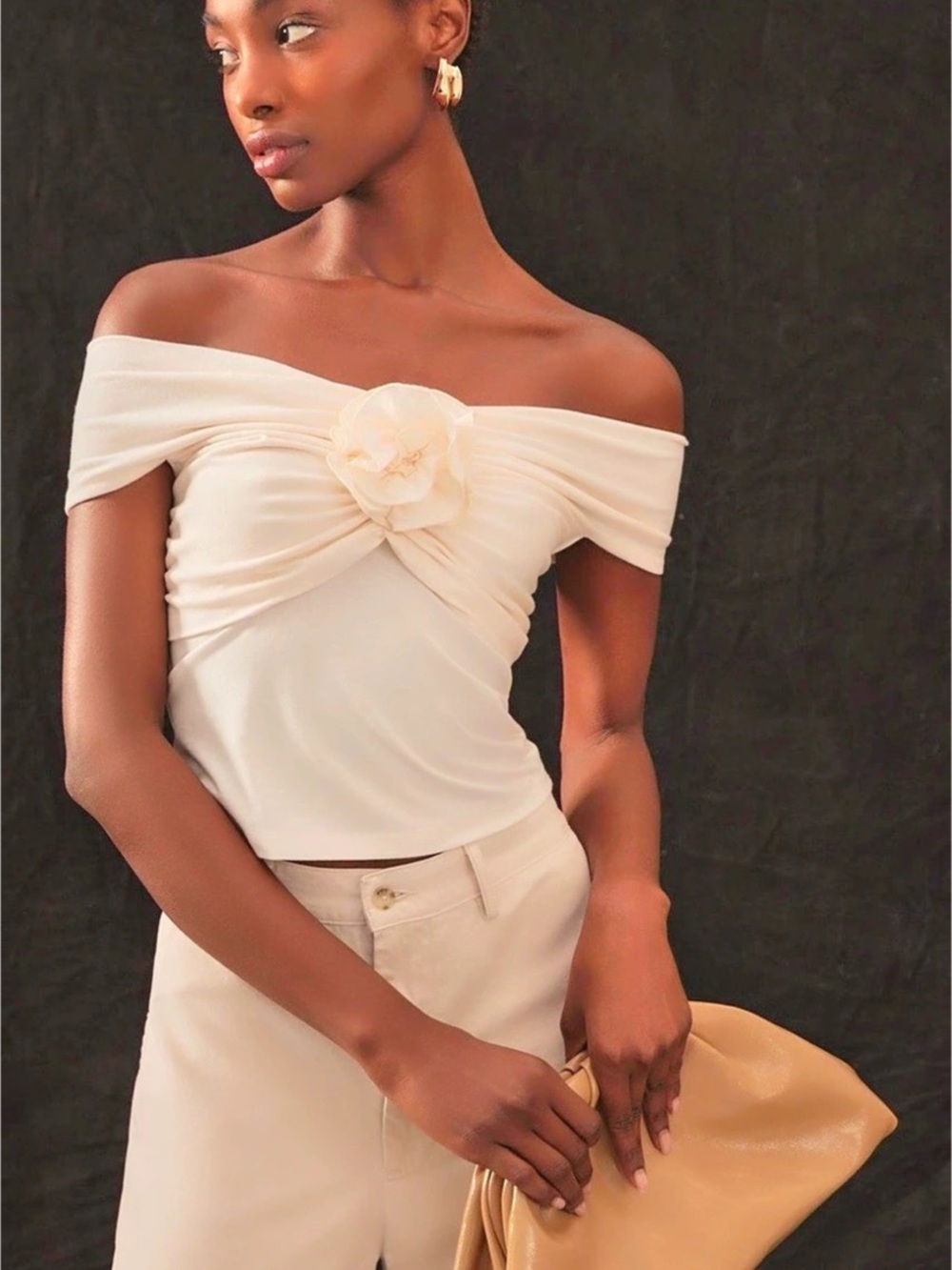 Reformation Emerald Knit Off-Shoulder Top Cream NWT